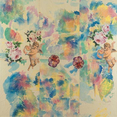 Aus dem Werkzyklus: 'Himmelblumen' | 145 x 145, Collage / Malerei auf Leinwand | 2001